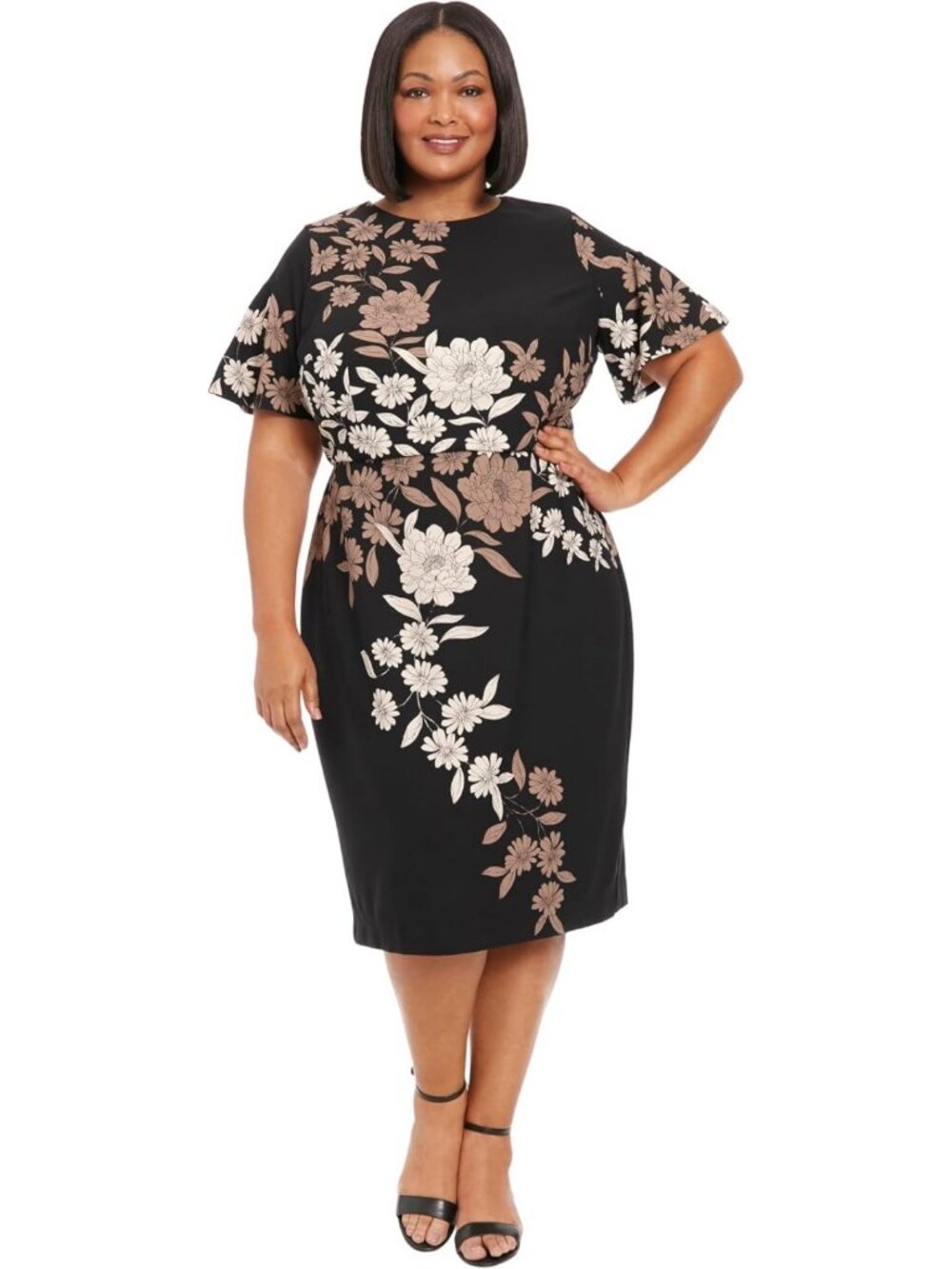 Chic Midi Sheath Dress with Jewel Neck & Flutter Sleeves - Flattering & Polished